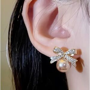 Vintage Pearl Stud Earrings - Delicate Bow Design Alloy Jewelry with Rhinestones